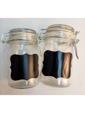 Set Of 2 Glass Chalkboard Label Jars Hinged Lids Metal Clamps